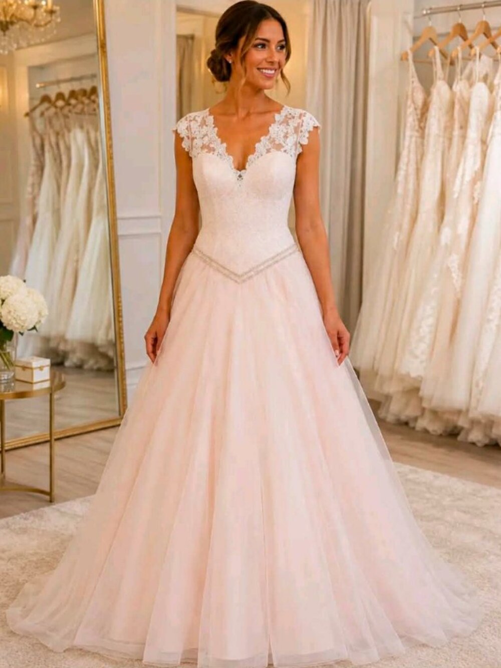 Moda Bella By Mary's Bridal Blush Pink Lace Tulle Prom Wedding Dress Size 6 NWT
